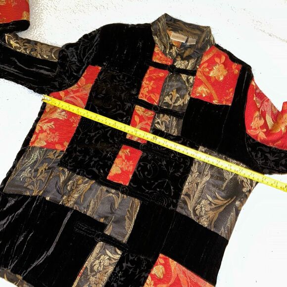 Chicos Medium (1) Silk Blend Black Red Gold Mandarin Style Patchwork Jacket EUC - Picture 9 of 13